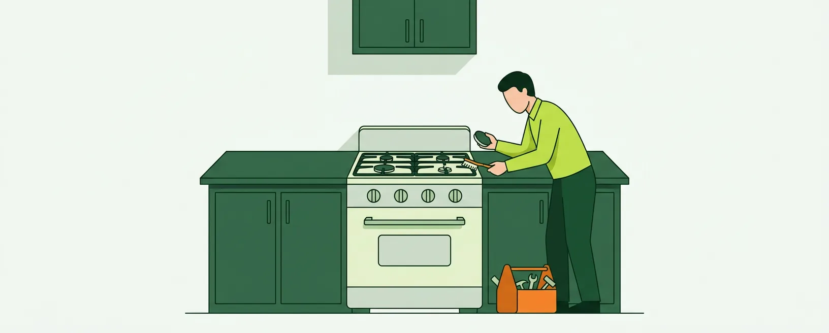 Flat illustration of a gas cooktop with one burner being serviced