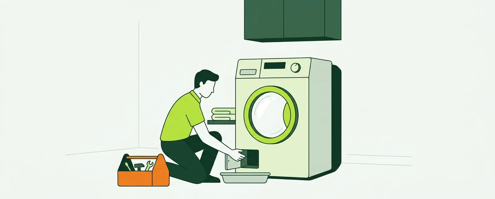 Flat illustration of a front-load washer being repaired in a laundry room
