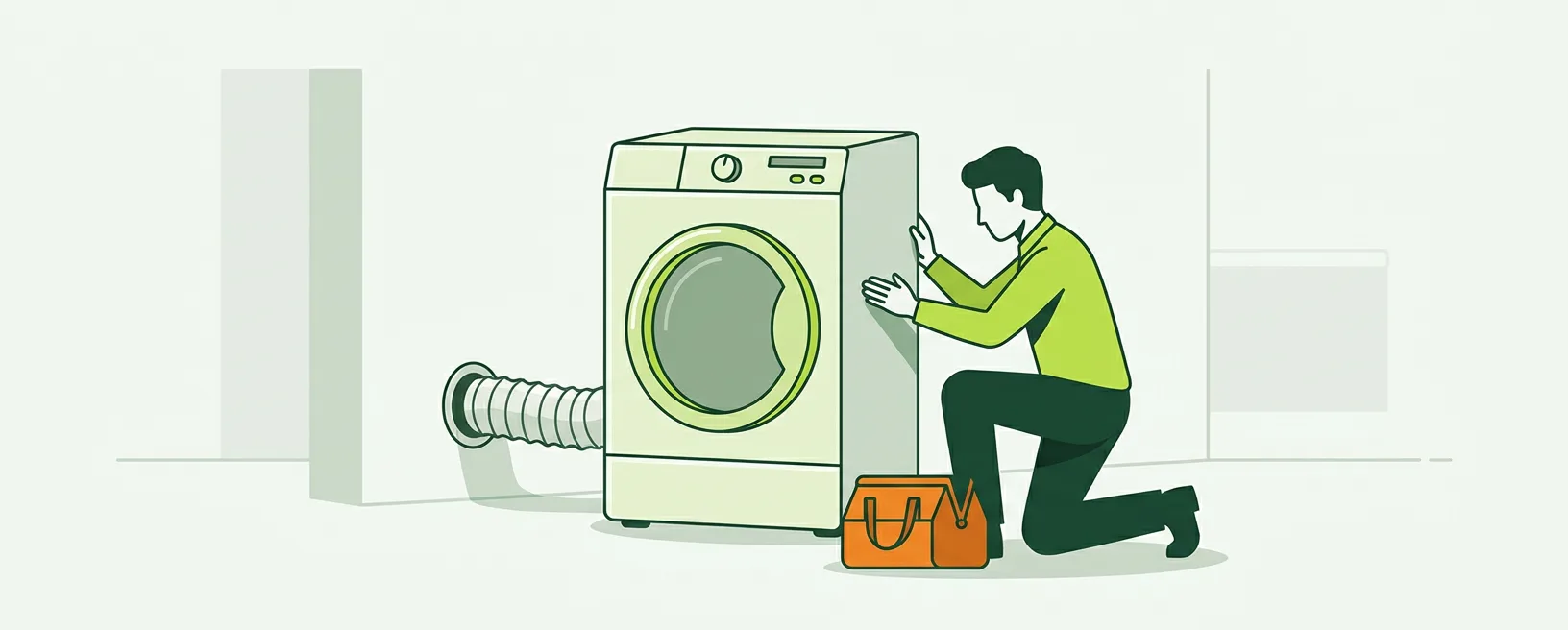 Flat illustration of a dryer with its vent duct being inspected
