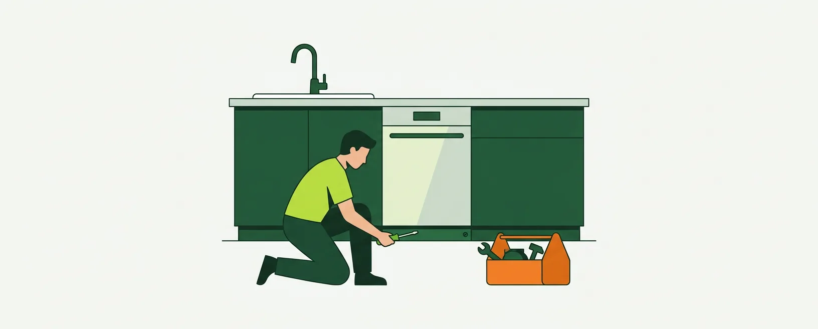 Flat illustration of an open dishwasher with its lower rack pulled out