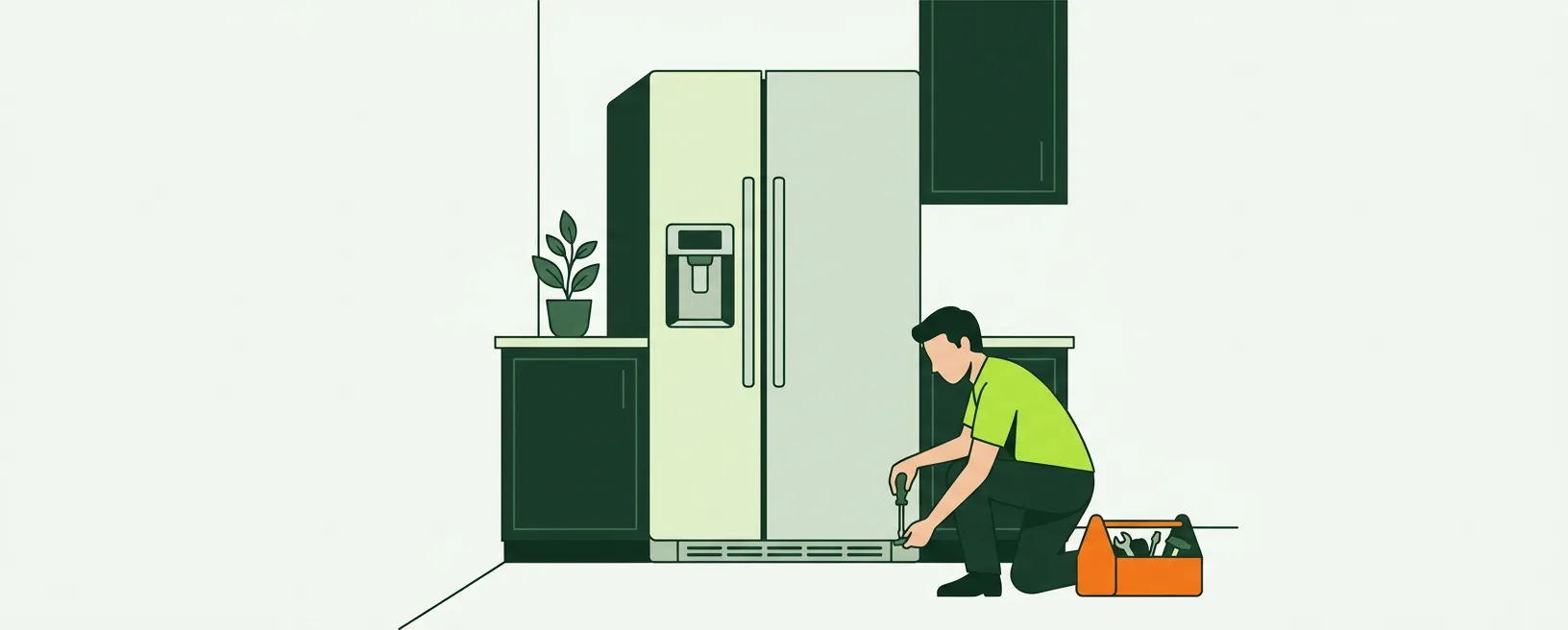 Flat illustration of a technician checking a refrigerator in a Round Rock kitchen