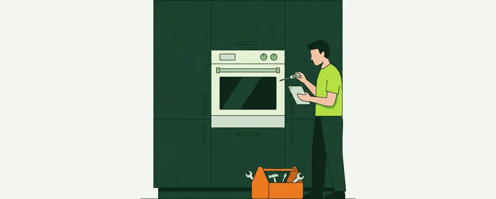 Flat illustration of a wall oven with the door open and a thermometer inside